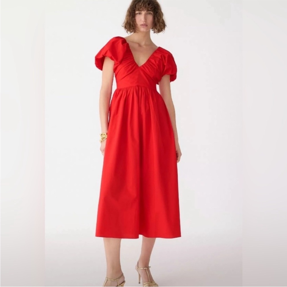 J. CREW Organic Cotton Red Cecily Poplin Midi Dress Puff Sleeves Back Tie Size O